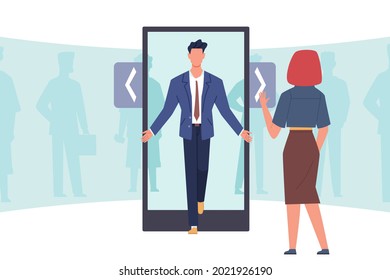 Choosing groom. Mobile application for choice marriage candidates. Cartoon woman turns over pages with male profiles. Character planning romantic dating and wedding. Vector concept