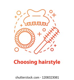 Choosing hairstyle concept icon. Hairdressing idea thin line illustration. Hair brush and claw clip, scrunchy. Vector isolated outline drawing