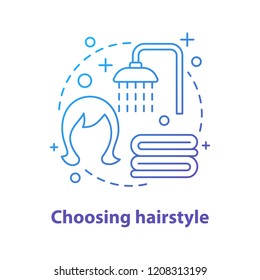 Choosing hairstyle concept icon. Taking bath idea thin line illustration. Shower, towels and wig. Vector isolated outline drawing