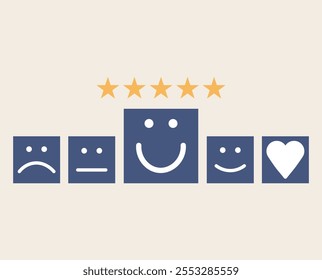 choosing happy smiling face and 5 star  Feedback rating and Customer experience, World mental health day, Think positive, Emotion, Satisfaction score concept.vector