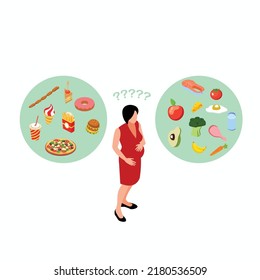 Choosing healthy and unhealthy food during pregnancy isometric 3d vector illustration concept for banner, website, illustration, landing page, flyer, etc.