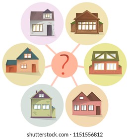 Choosing house, comparing property to buy or rent, vector concept