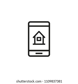 Choosing house online line icon. Modern device, smartphone, real estate app. Buying property concept. Vector illustration can be used for topics like house security system, smart home, home automation