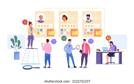 Choosing hr profile. Choose creative worker, best staff selection, hunting agency hiring process, human recruitment profiling, cv employment technology, vector illustration. Hr job and career