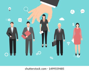 Choosing the ideal candidate vector illustration. Big hand is choosing the best employee among other candidates. Group of employee and choice ideal candidate.