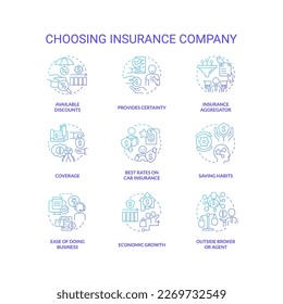 Choosing insurance company blue gradient concept icons set. Coverage services. Financial protection idea thin line color illustrations. Isolated symbols. Roboto-Medium, Myriad Pro-Bold fonts used