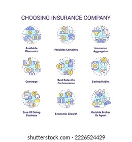 Choosing insurance company concept icons set. Business protection. Financial assistance idea thin line color illustrations. Isolated symbols. Editable stroke. Roboto-Medium, Myriad Pro-Bold fonts used