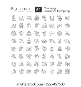 Choosing insurance company linear icons set. Coverage service. Financial protection. Customizable thin line symbols. Isolated vector outline illustrations. Editable stroke. Quicksand-Light font used