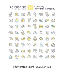 Choosing insurance company RGB color icons set. Policyholders benefits. Coverage. Isolated vector illustrations. Simple filled line drawings collection. Editable stroke. Quicksand-Light font used