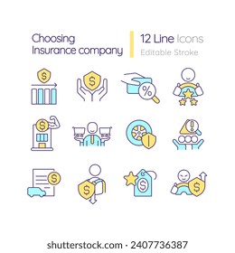 Choosing insurance company RGB color icons set. Policyholders pros. Coverage service. Isolated vector illustrations. Simple filled line drawings collection. Editable stroke. Quicksand-Light font used