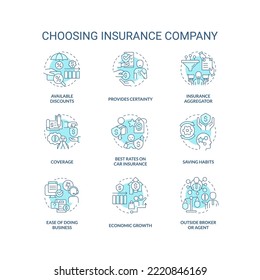 Choosing insurance company turquoise concept icons set. Business protection. Coverage idea thin line color illustrations. Isolated symbols. Editable stroke. Roboto-Medium, Myriad Pro-Bold fonts used