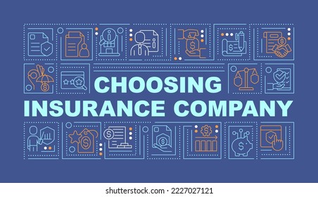 Choosing insurance provider word concepts dark blue banner. Coverage. Infographics with editable icons on color background. Isolated typography. Vector illustration with text. Arial-Black font used