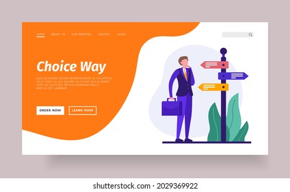 Elegir el camino de la vida. Concepto de las decisiones relativas a la carrera y la actividad empresarial y logro de resultados. Cruce con el puntero para desafiar los éxitos y los problemas. Banner plano de la página principal del vector