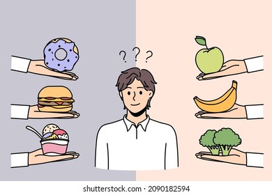 Choosing lifestyle and diet concept. Young frustrated man standing trying to choose between healthy balanced vegetarian foods and fast food vector illustration 