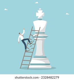 Choosing a losing strategy, wrong path of development, business failure and division, defeat in competition and loss of a leadership position, man falls down the stairs climbing to the chess piece.