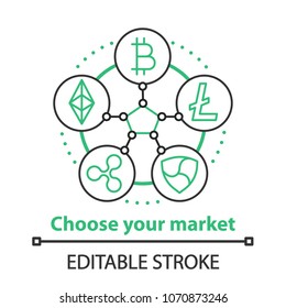 Choosing market segment concept icon. Cryptocurrency business strategy idea thin line illustration. Vector isolated outline drawing. Editable stroke