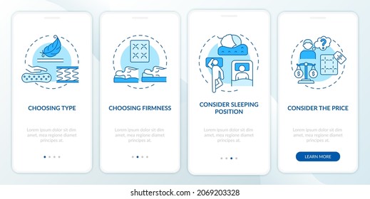 Choosing mattress blue onboarding mobile app page screen. Comfortable bedding walkthrough 4 steps graphic instructions with concepts. UI, UX, GUI vector template with linear color illustrations