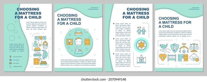 Choosing mattress for child mint brochure template. Baby health. Flyer, booklet, leaflet print, cover design with linear icons. Vector layouts for presentation, annual reports, advertisement pages