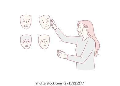 Escolhendo o conceito de transtorno bipolar e de humor. Jovem mulher com máscara de rosto feliz de pé e escolhendo a expressão entre a raiva raiva infelicidade raiva e satisfação vetor ilustração