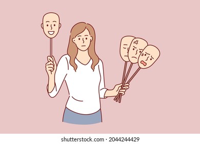 Eligiendo el concepto de humor del día. Joven caricaturista femenina parada con varias máscaras emocionales eligiendo ilustración vectorial de momento 