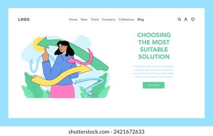 Choosing the most suitable solution concept. Confident woman selecting arrow with light amongst others. Clarity of picking best path. Confusion in decision making process. Flat vector illustration