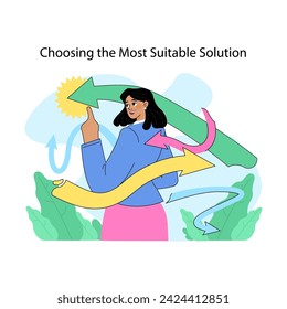 Choosing the most suitable solution concept. Confident woman selecting arrow with light amongst others. Clarity of picking best path. Confusion in decision making process. Flat vector illustration