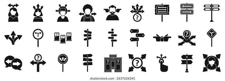  Choosing multiple directions icons set. Black and white icons showing people making decisions and choosing directions with road signs, arrows, and question marks