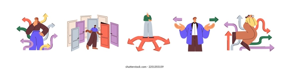 Choosing from multiple directions, solutions. Characters making choices, decisions, life path. Different options, opportunities concept. Flat graphic vector illustration isolated on white background