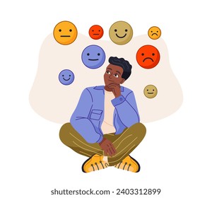 Choosing from multiple solutions. Man thinks and chooses between different emotions and feelings. Character makes decision and controls mood. Cartoon flat vector illustration isolated on background