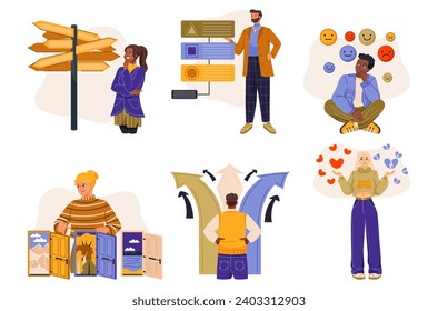 Choosing from multiple solutions. Set of men and women making decisions and choices between different directions. Various opportunities. Cartoon flat vector collection isolated on white background