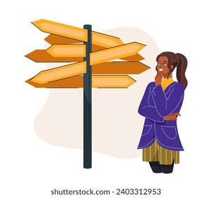 Choosing from multiple solutions. Woman entrepreneur makes decision between different strategies and directions to develop business. Cartoon flat vector illustration isolated on white background