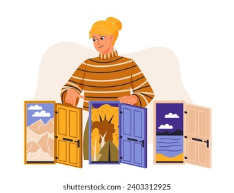 Choosing from multiple solutions. Young woman ponders, makes decision and choice between different doors and directions for development. Cartoon flat vector illustration isolated on white background