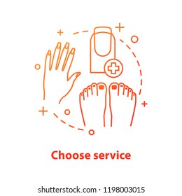 Choosing nail service concept icon. Manicure, pedicure idea thin line illustration. Nail salon. Vector isolated outline drawing