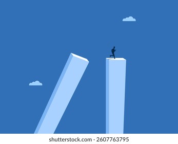 choosing a new career, man leaps from a fallen pillar to a solid one