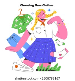 Choosing new clothes concept. Girl with blonde braids trying on different outfits for a fresh look. Elements of casual fashion style. Vector illustration.