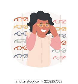 Choosing new eyewear isolated cartoon vector illustration. Kid chooses new glasses, many colorful frames on background, child trying on eyewear in a shop, ophthalmologist vector cartoon.