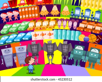 Choosing a new toy in the supermarket - vector