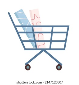 Elegir nuevos fondos de escritorio para objetos vectoriales de color semiplano interior. Carro de compras con compra. Elemento de tamaño completo sobre blanco. Ilustración simple de estilo de dibujos animados para diseño gráfico web y animación