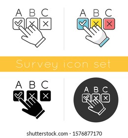 Choosing option icon. Hand picking checkbox. Selecting answer. Making decision. Online survey. Anonymous feedback. Click button. Flat design, linear and color styles. Isolated vector illustrations