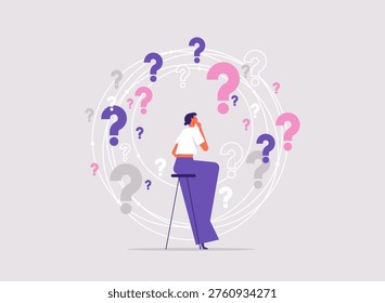 Choosing options or choices, answer for question or solution, problem solving, frustrated businessman thinking and make decision with many question marks around her