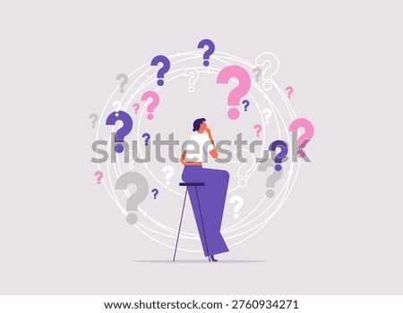 Choosing options or choices, answer for question or solution, problem solving, frustrated businessman thinking and make decision with many question marks around her