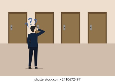 Choosing options, making decisions for career opportunities, alternative paths, right or wrong decision concept, businessman thinking to choose the right door.