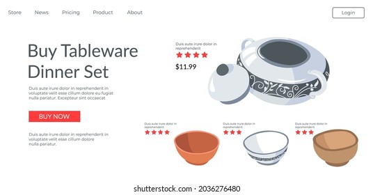 Choosing and ordering tableware dinner set in internet online. Vintage pot with ornaments, bows and cups. Classical dishware in shop. Website or webpage template, landing page flat style vector