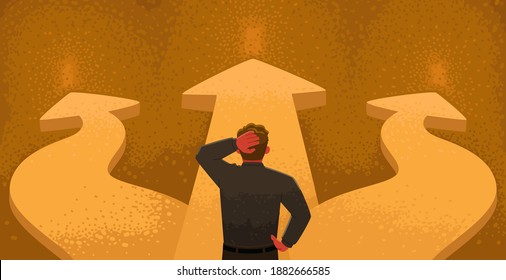 Choosing a path. A confused businessman stands at a fork in the road and tries to choose the right direction. Vector illustration in flat style