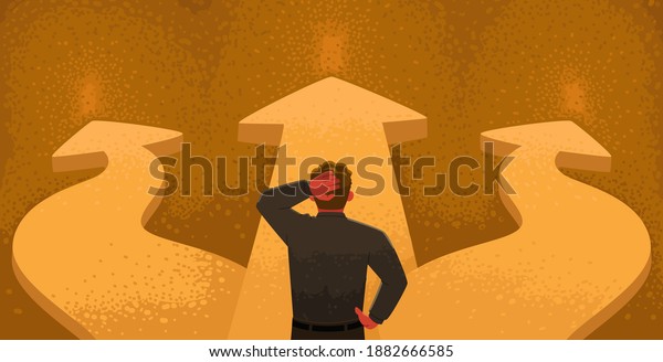 Choosing a path. A confused businessman stands at a\
fork in the road and tries to choose the right direction. Vector\
illustration in flat\
style