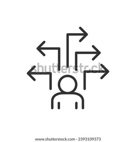 Choosing a path, linear icon. The decision making process. Choosing the best path. The strategic decision. Person and the arrows in different directions. Line with editable stroke