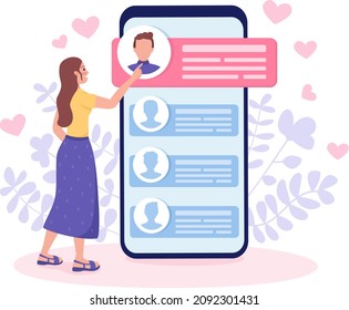 Choosing perfect partner for dating flat concept vector illustration. Woman scrolling through profiles isolated 2D cartoon character on white for web design. Online dating application creative idea