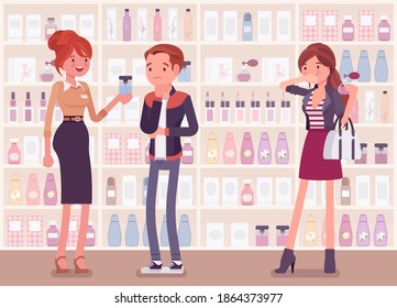 Choosing Perfume, Finding Fragrance In A Store With Female Sales Assistant. Man Puzzled With Sample Scents. Vector Full Length Flat Style Cartoon Illustration, Beauty Product Shelf Display Background