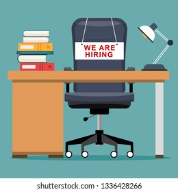 Choosing person for hiring. Vacant concept. Human and recruitment, select people, resource and recruit. Empty office. Chair with we are hiring message
