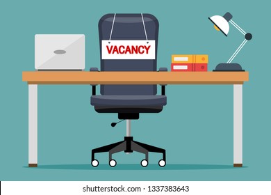 Choosing person for hiring. Vacant concept. Human and recruitment, select people, resource and recruit. Empty office. Chair with vacancy message